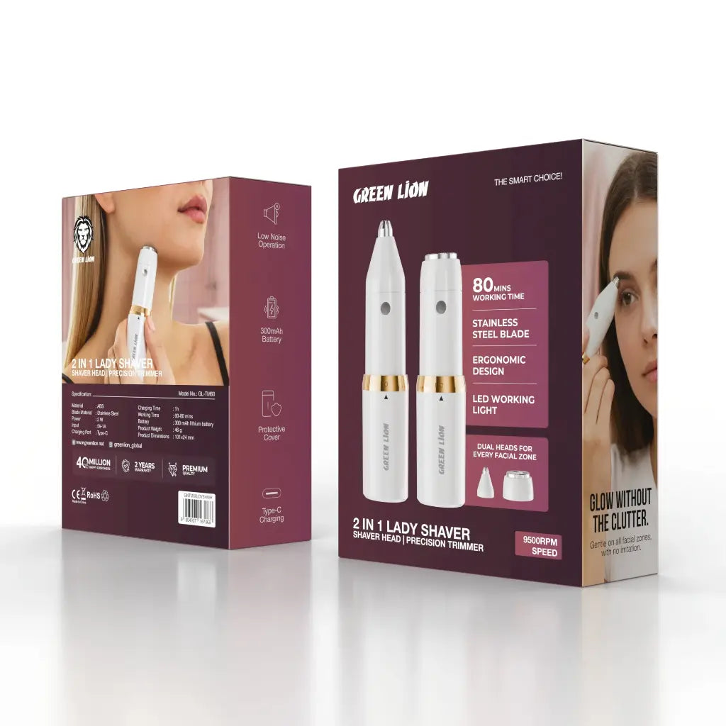 Green Lion 2-in-1 lady shaver Qatar showing stainless steel blades and precision trimmer
