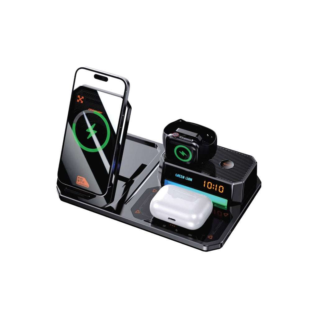 Green Lion 6-in-1 wireless charger Qatar in black with phone watch and earbud charging positions