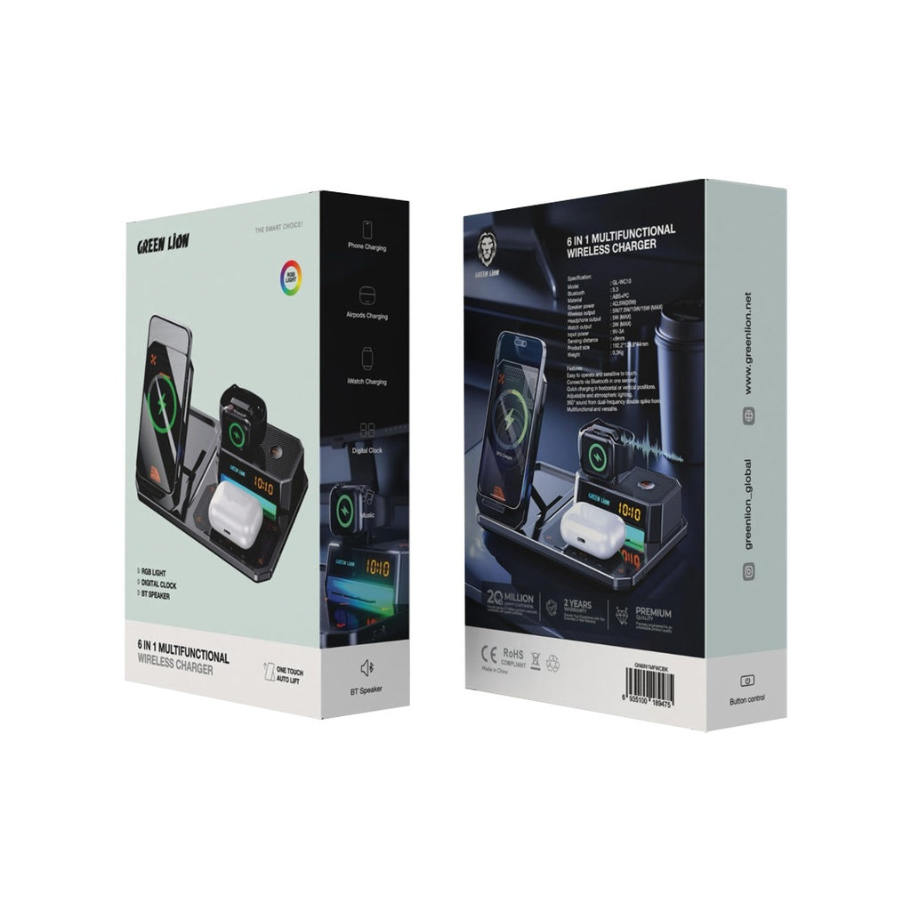 Green Lion multifunctional wireless charging station Qatar showing digital clock and RGB lighting