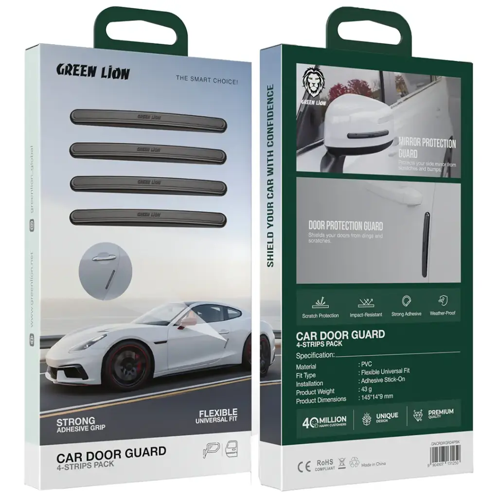 Green Lion Car Door Guard Qatar showing flexible PVC protective strips