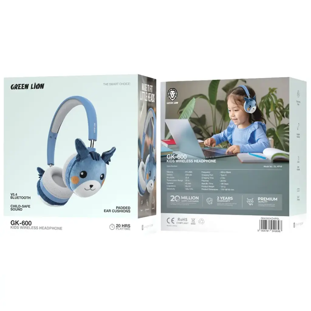 Green Lion blue wireless kids headphones Qatar showing the adjustable headband