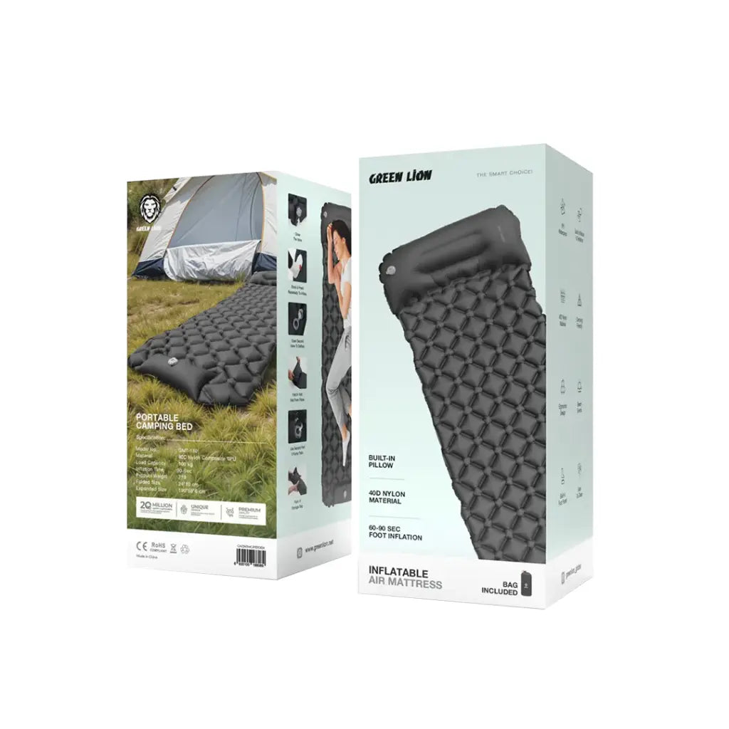 Green Lion camping air mattress Qatar showing its integrated pillow
