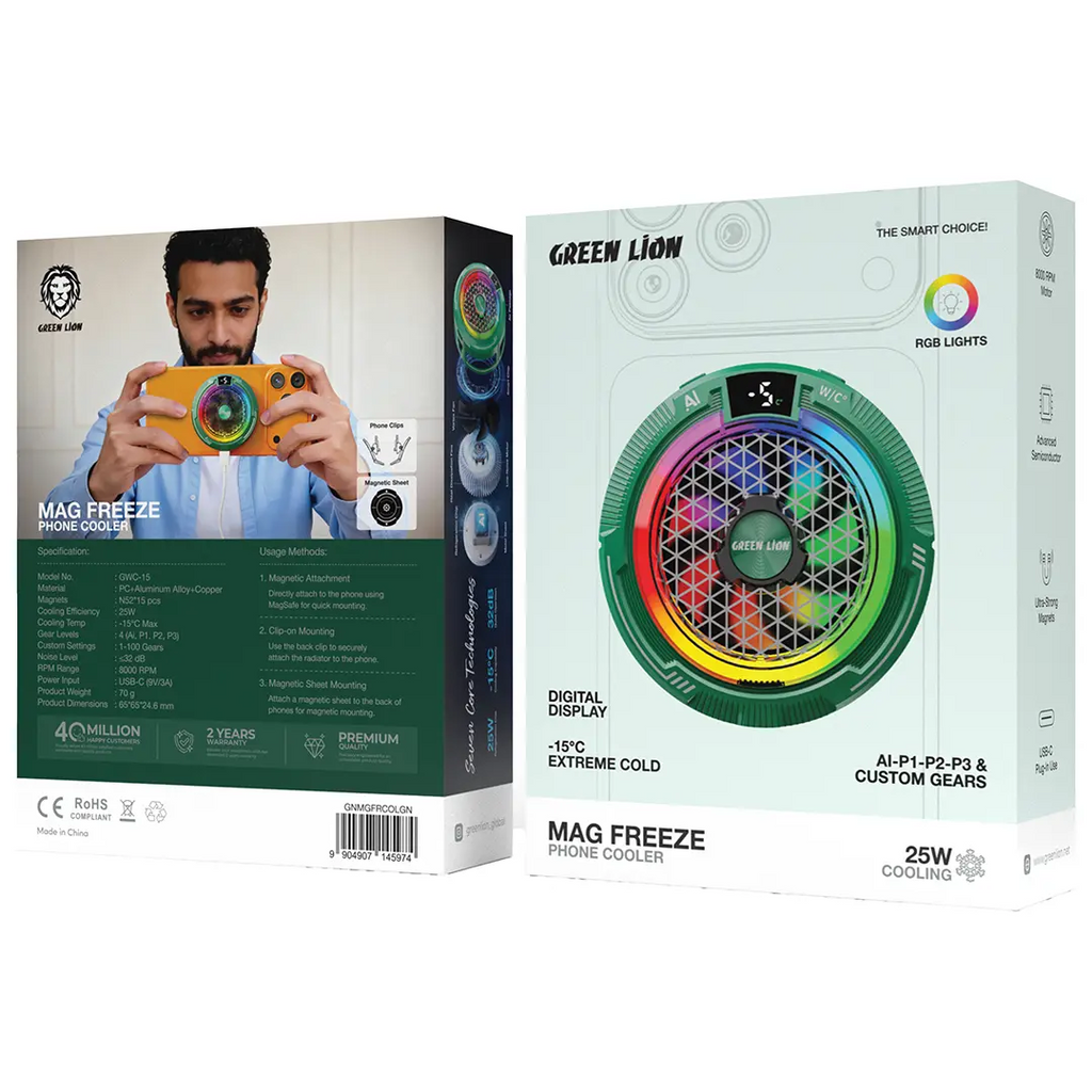 Green Lion Mag Freeze phone cooler Qatar showing magnetic attachment and cooling surface