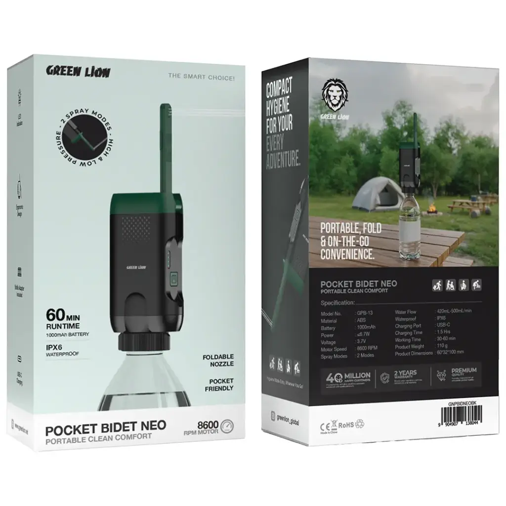 Green Lion Pocket Bidet Neo Qatar showing the foldable nozzle for personal cleaning