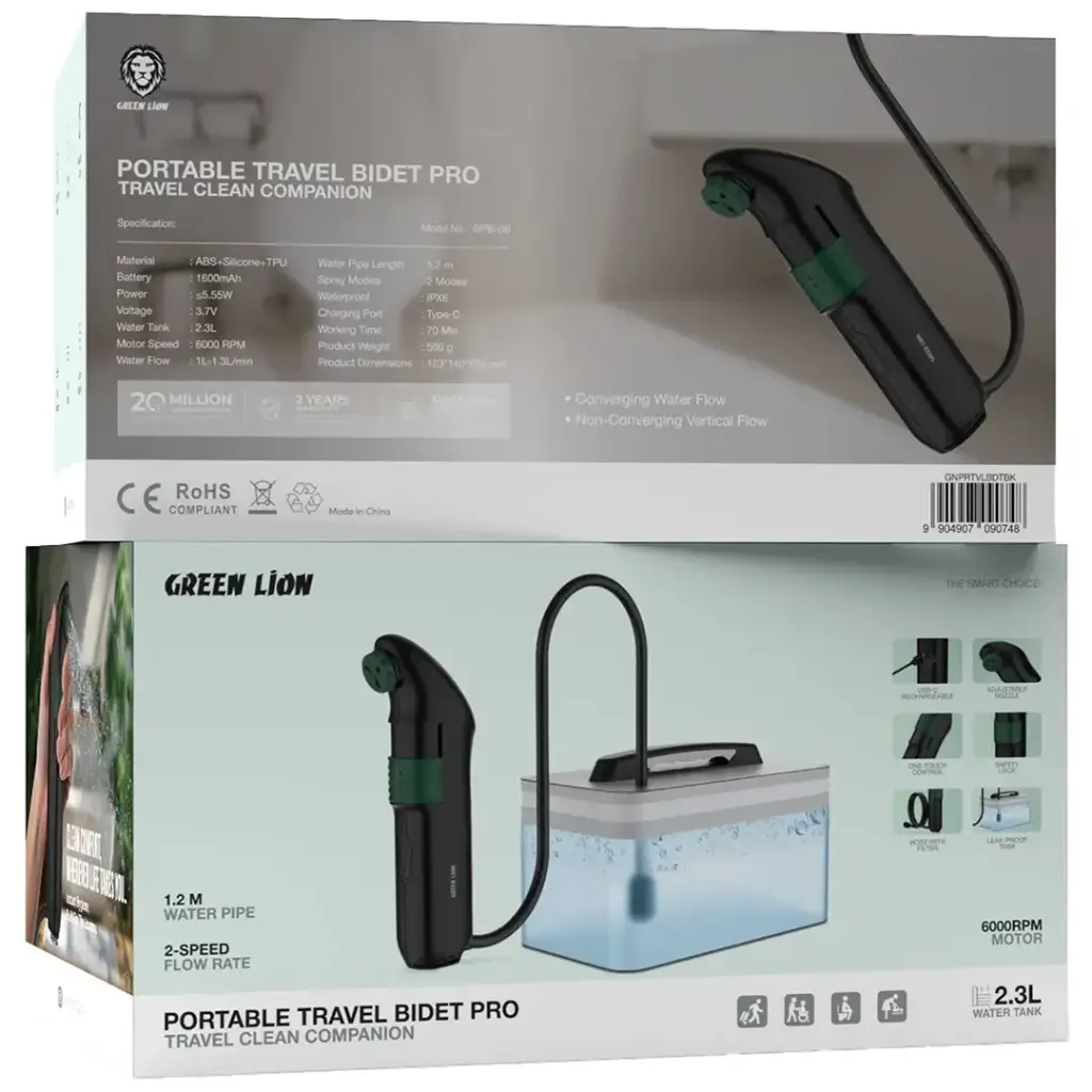 Green Lion travel bidet Qatar showing adjustable nozzle and flexible water hose