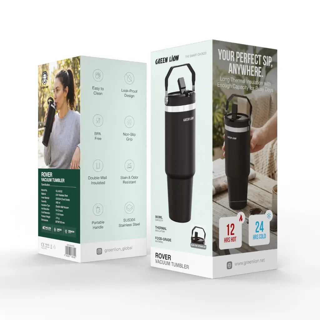 Green Lion GNRV900VABK black thermal tumbler Qatar showing its portable handle