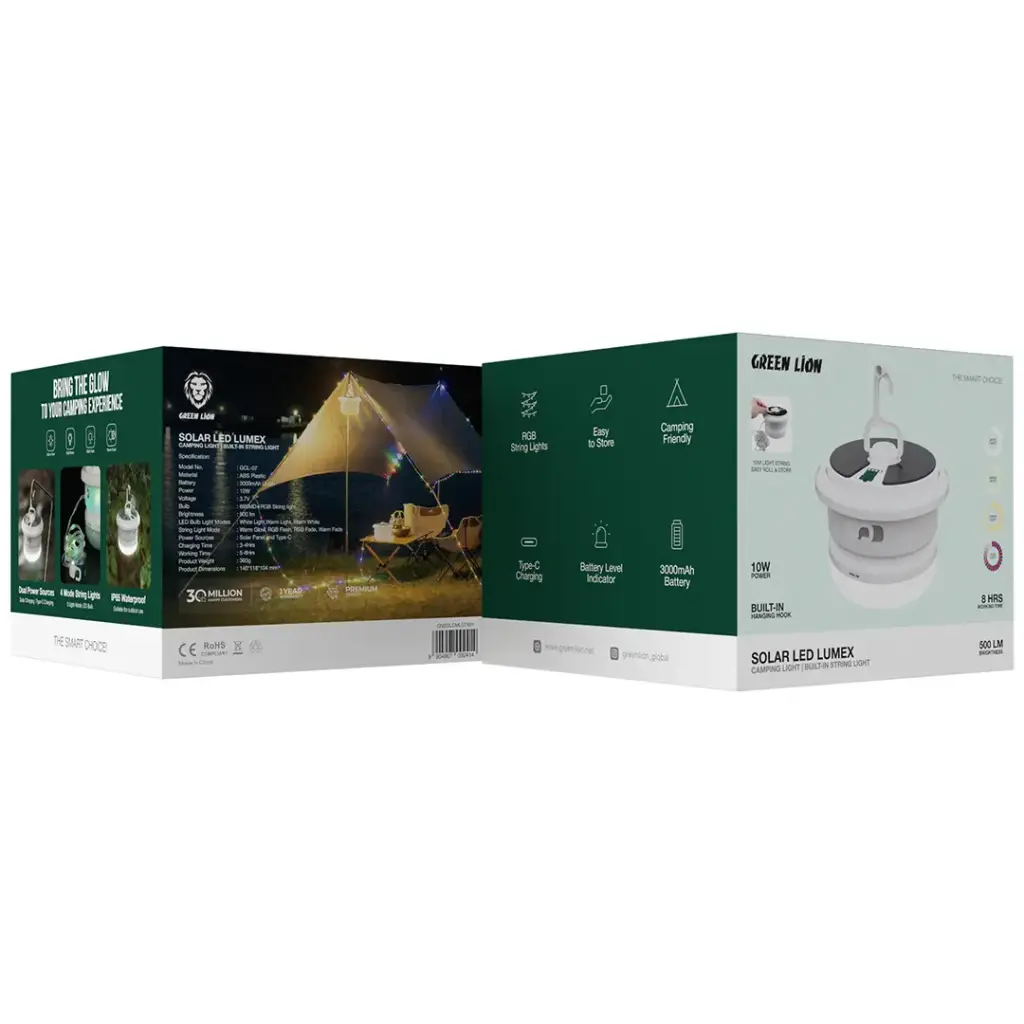 Green Lion solar camping lantern Qatar with 10 metre retractable string light