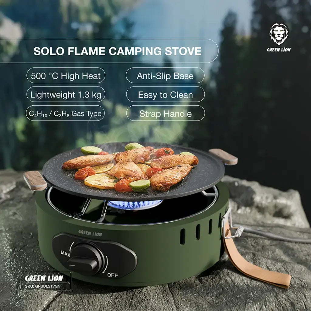 Green Lion Solo Flame camping stove Qatar showing stainless steel burner and pot support