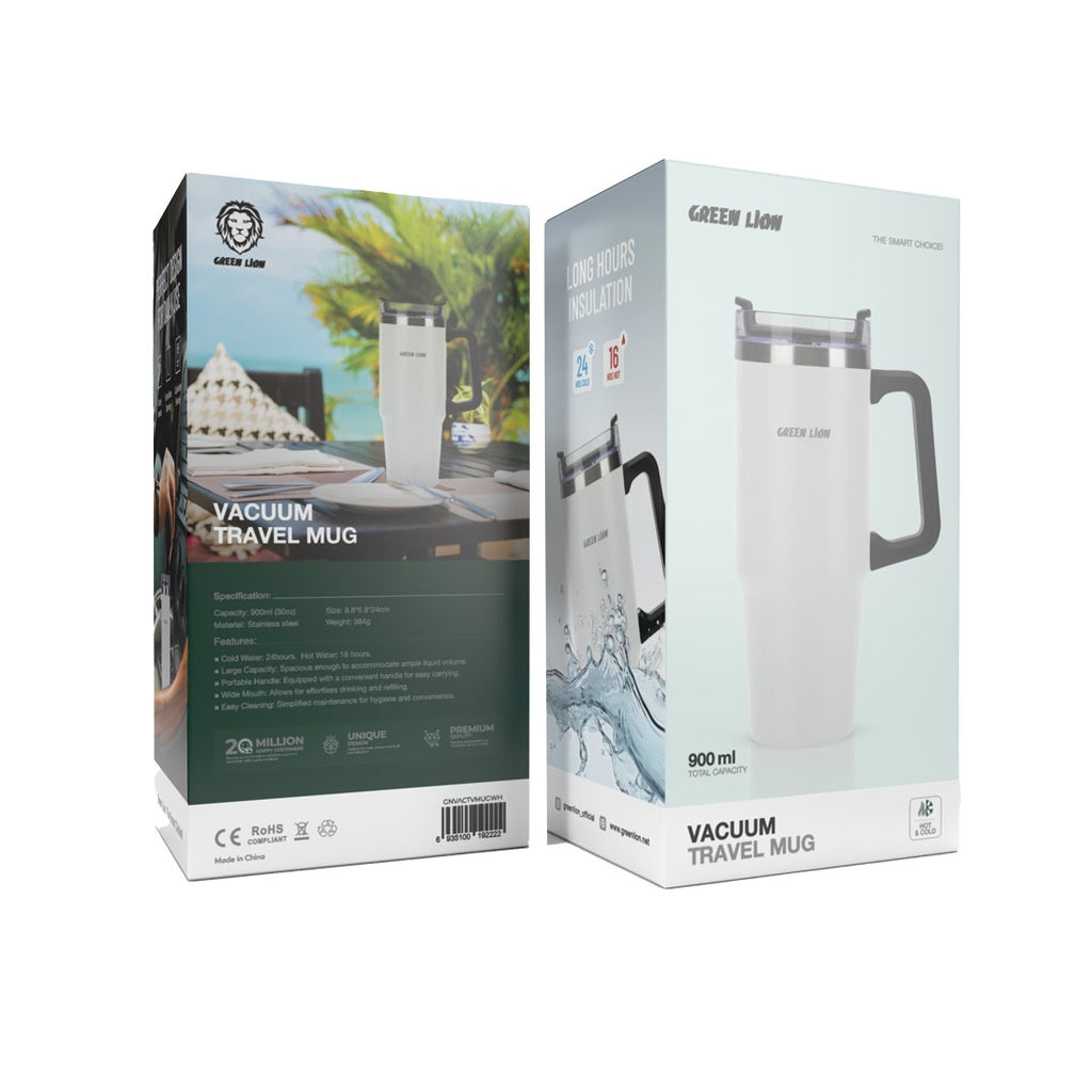 Green Lion white stainless steel travel mug Qatar with comfortable carrying handle