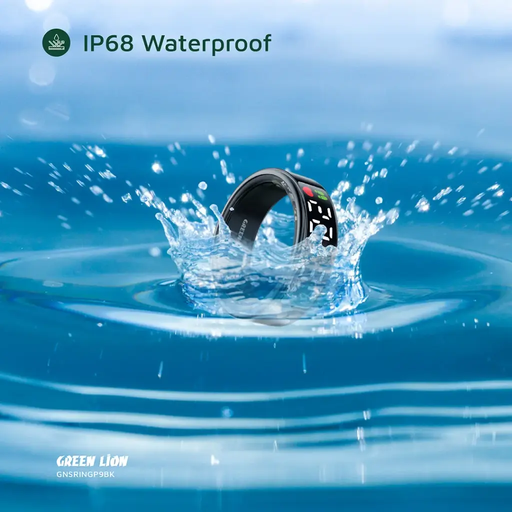 Smartwatch being dropped into water with 'IP68 Waterproof' text and Green Lion logo.