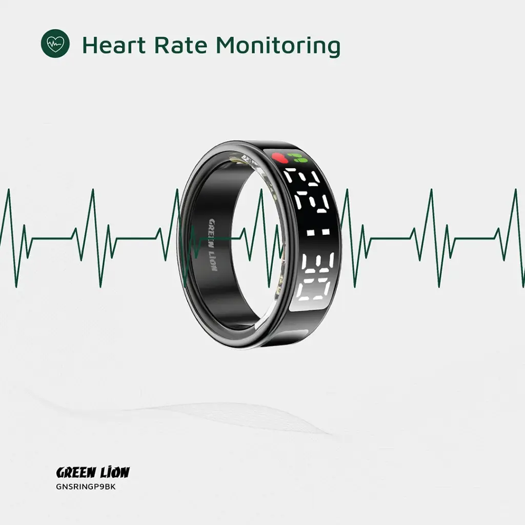 Heart rate monitoring ring with digital display on a white background, featuring the brand 'Green Lion'.