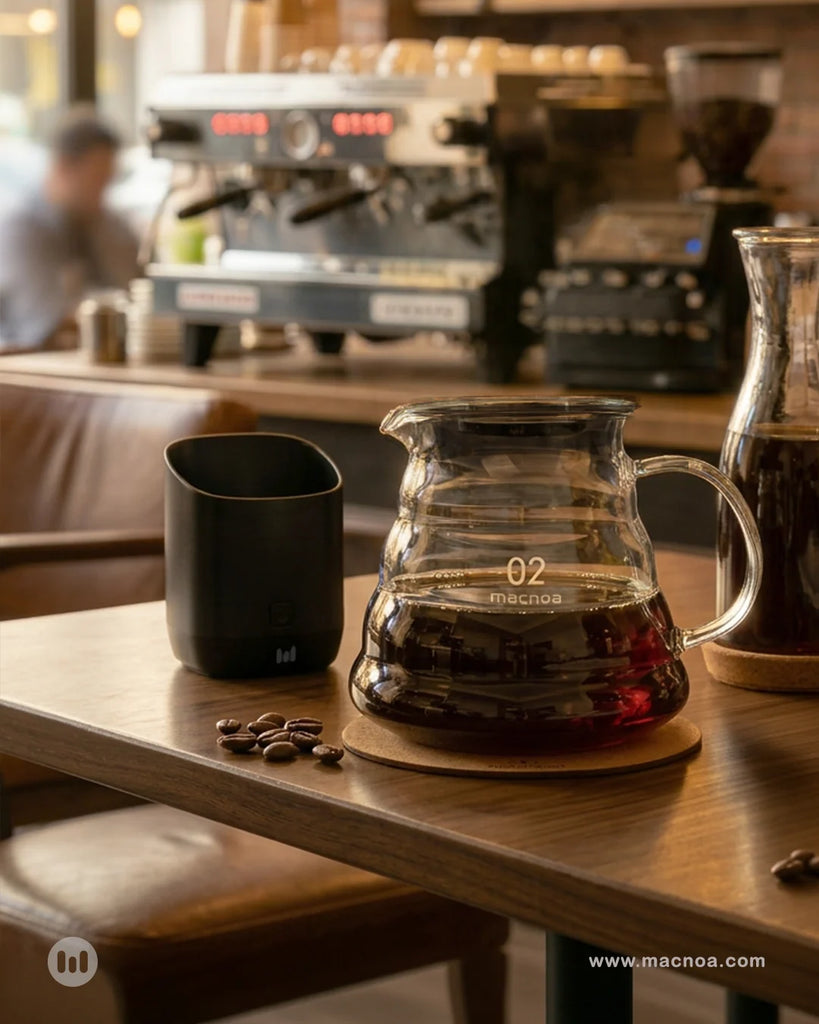 MACNOA coffee server Qatar showing transparent borosilicate glass body and PP lid