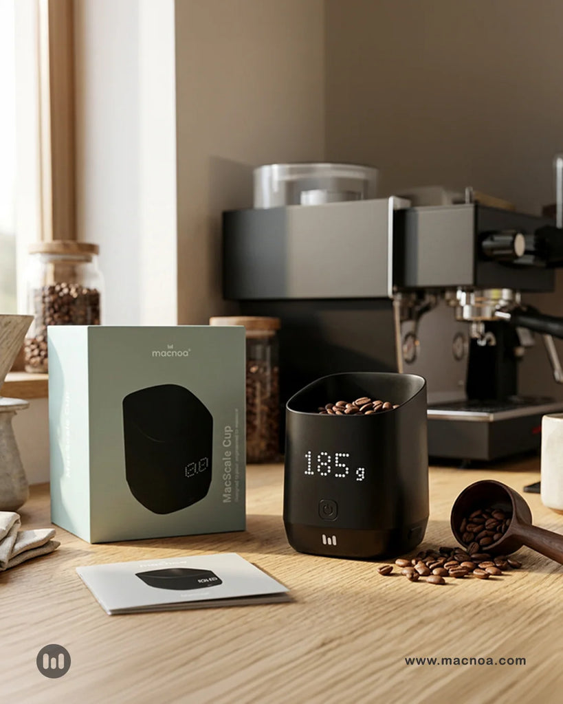 MACNOA MacScale Cup Qatar showing integrated digital scale and LED display