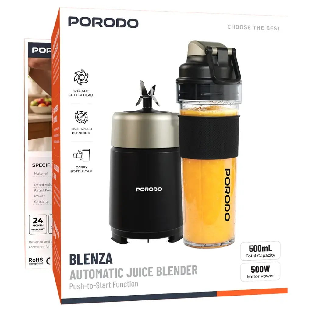 Black Porodo Blenza mug-style smoothie blender with carry-bottle cap Qatar