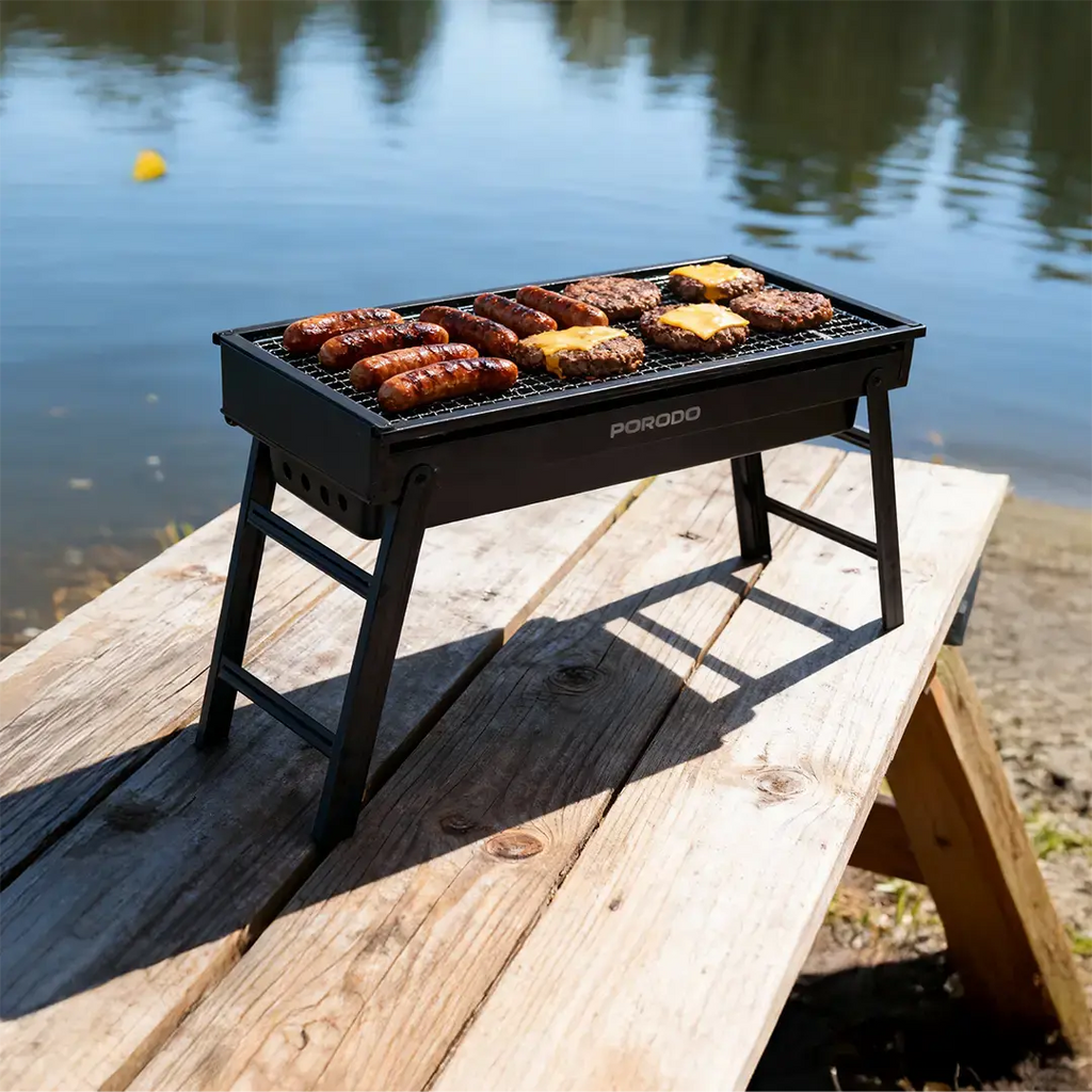Porodo portable folding BBQ grill Qatar showing its compact grilling design