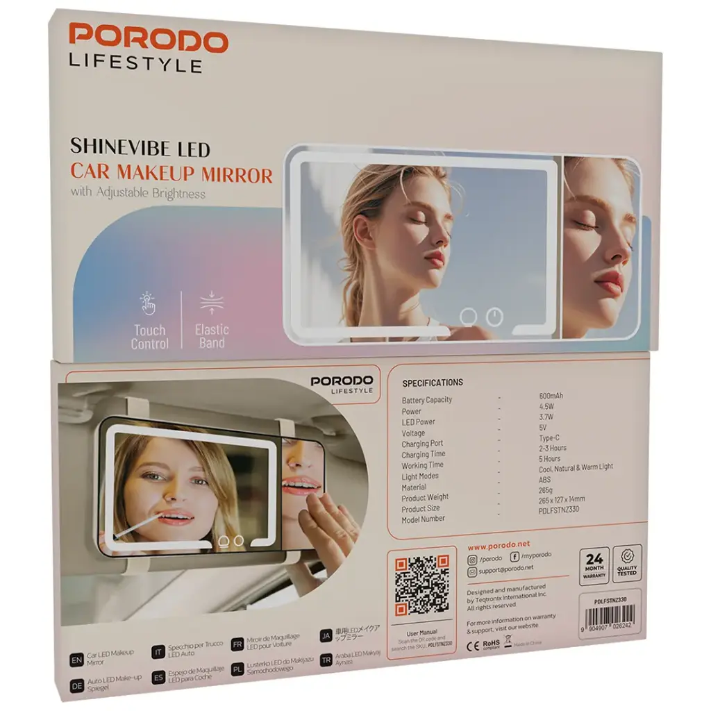Clear Porodo car makeup mirror with adjustable LED lighting Qatar